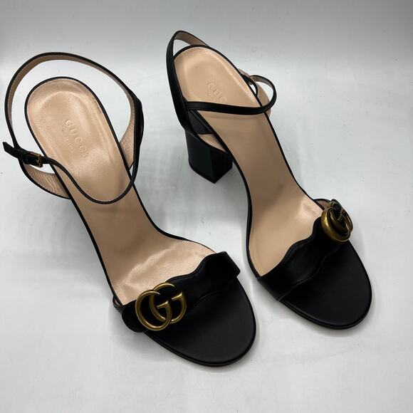 Gucci Marmont GG Platform Sandals Size 42 US 12 Black Leather Logo Block Heel - Picture 8 of 14